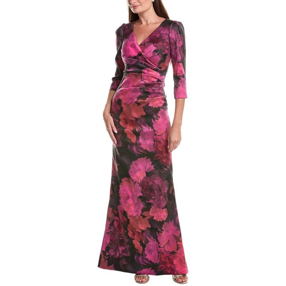 Teri Jon By Rickie Freeman Womens Floral Stretch Mikado Ruched 3/4-Sleeve Gown,